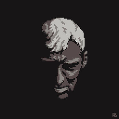 Pixel-art face partially obscured in shadow on a black background. Rendition of Max Von Sydow as Antonius Block from "Det Sjunde Inseglet," rendered in four colors, shades of grey and very faint brown.